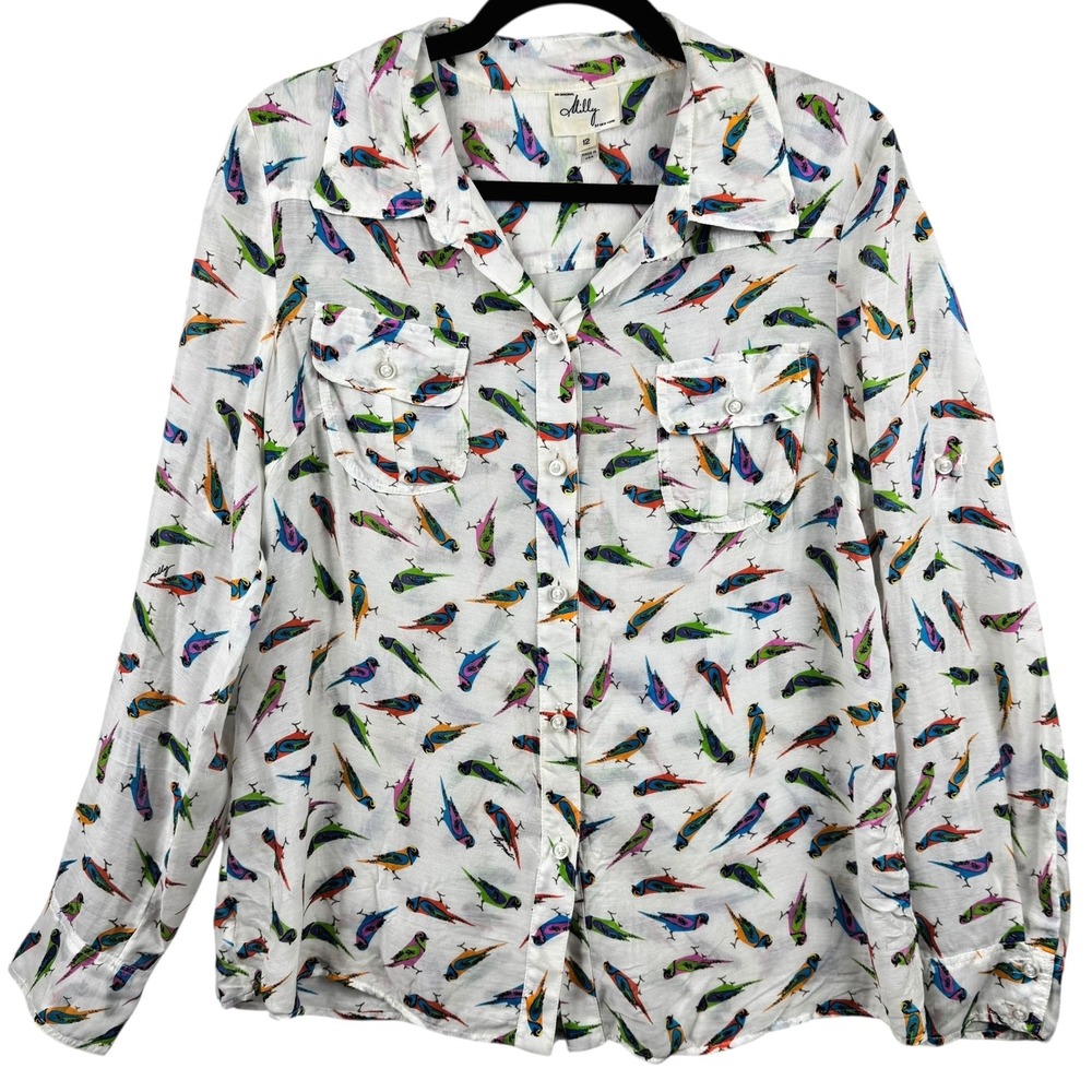 Milly White Bird-Print Button-Up Blouse